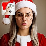 A dignified husky dog wearing round glasses and a bright red Santa hat, looking straight at the camera with a calm and wise expression, perfectly capturing holiday spirit with a touch of intellectual charm.