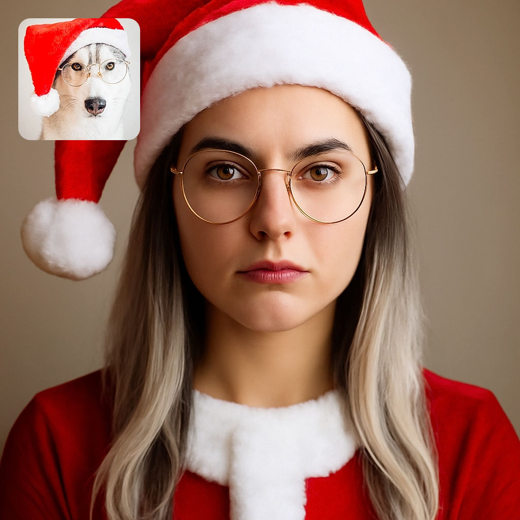 A dignified husky dog wearing round glasses and a bright red Santa hat, looking straight at the camera with a calm and wise expression, perfectly capturing holiday spirit with a touch of intellectual charm.