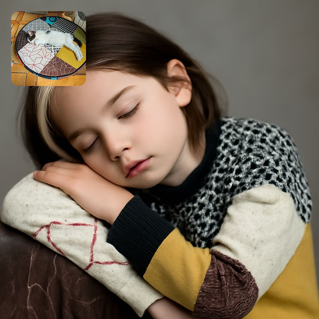 A cozy kitten is stretched out and napping peacefully on a colorful, patchwork-style round cushion, blending comfort and charm in a warm, tiled room.