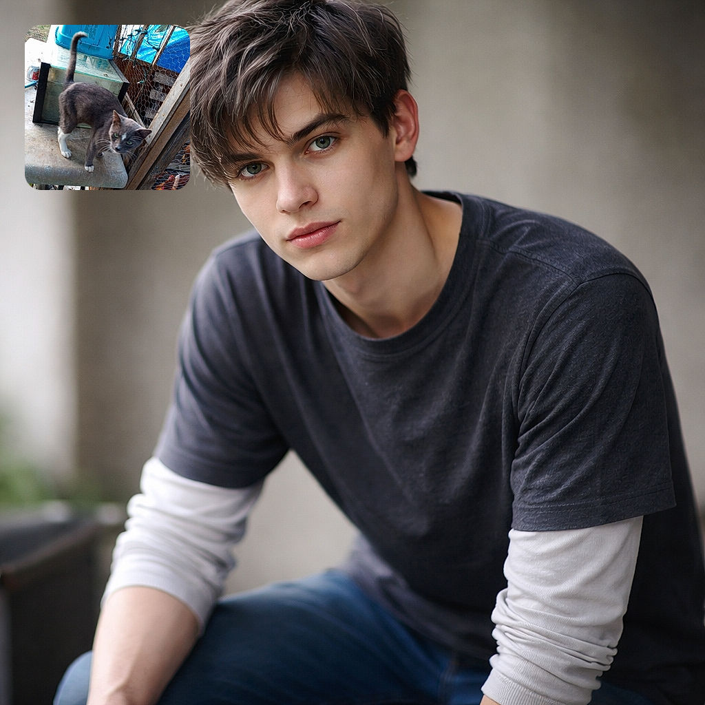 A curious gray-and-white cat with bright green eyes perches on a scuffed table beside a chicken coop, tail held high while a few chickens peek through the wire — clearly plotting breakfast negotiations.