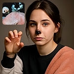 A close-up shot of a black and white cat with its paw extended towards the camera, partially obscured by a soft pink textured fabric in the foreground. The cat's face is slightly out of focus but its curious eyes are visible, creating an intimate and cozy atmosphere.