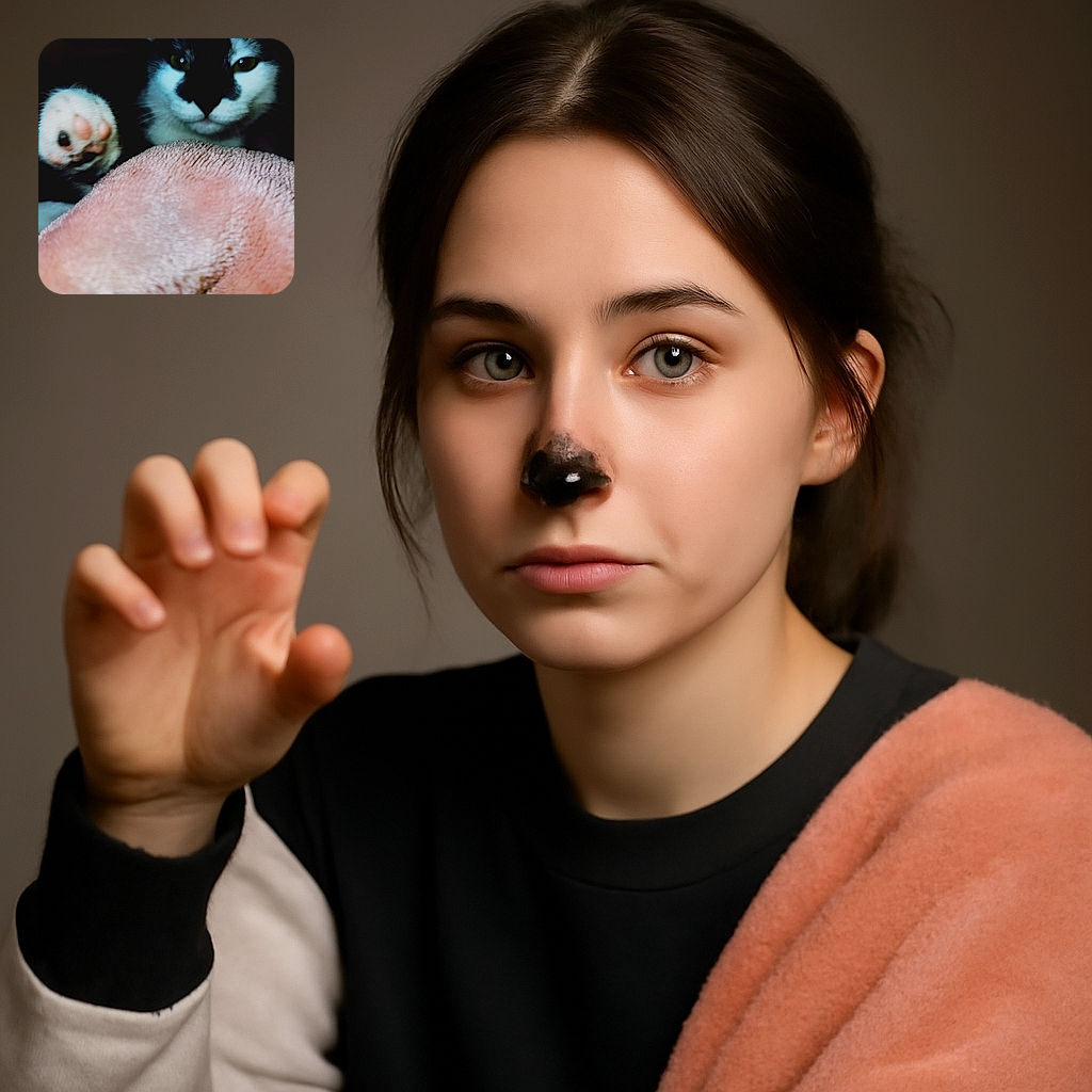 A close-up shot of a black and white cat with its paw extended towards the camera, partially obscured by a soft pink textured fabric in the foreground. The cat's face is slightly out of focus but its curious eyes are visible, creating an intimate and cozy atmosphere.