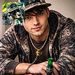 A cool dog wearing a camo hat lounges on a camo blanket in a boat, surrounded by bright green grass and trees, looking like a stylish outdoorsy adventurer ready for a day of fun.
