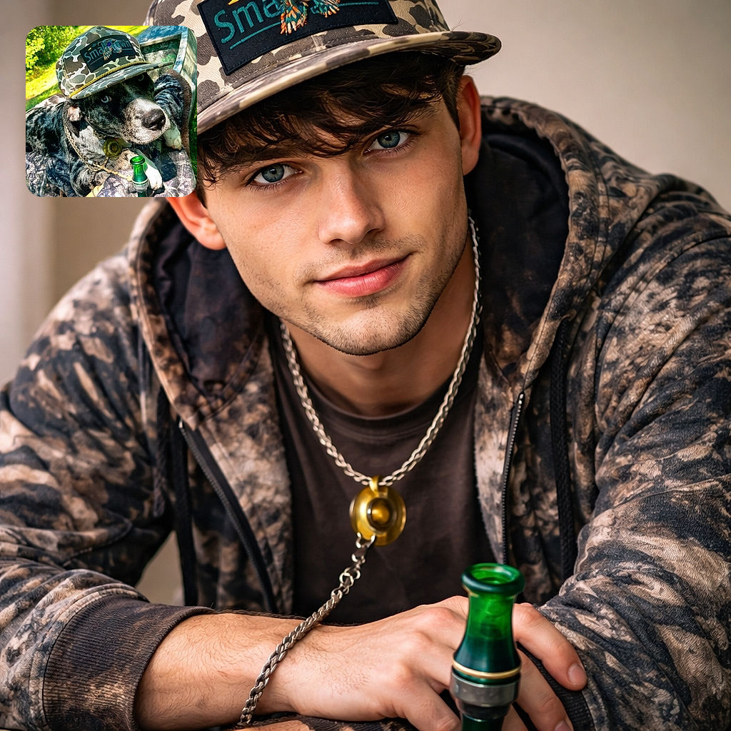 A cool dog wearing a camo hat lounges on a camo blanket in a boat, surrounded by bright green grass and trees, looking like a stylish outdoorsy adventurer ready for a day of fun.