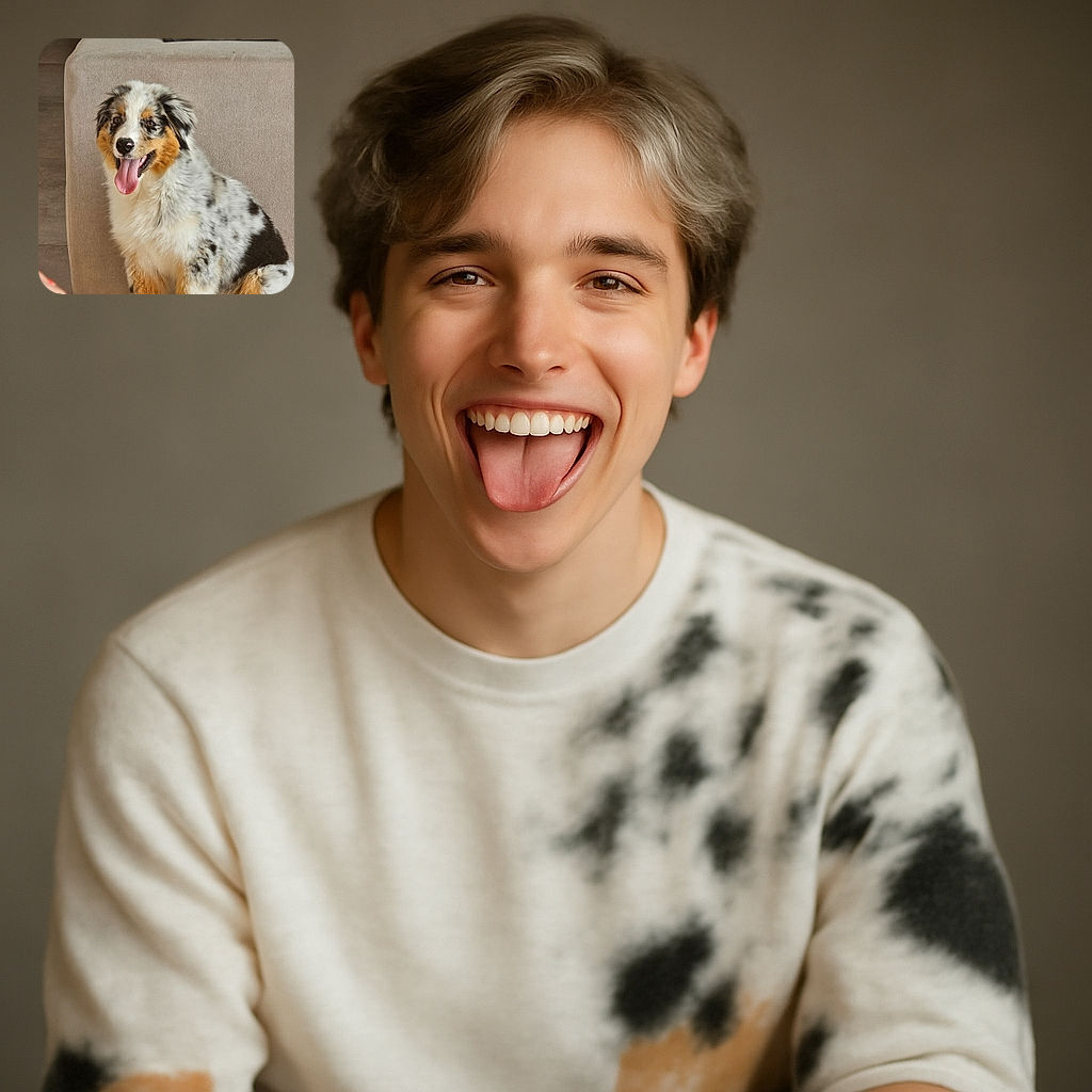 A fluffy Australian Shepherd puppy with a happy, tongue-out expression sits next to a beige couch in a cozy indoor setting. The photo is sharp and well-lit, capturing the dog's adorable spotted fur and joyful mood. The text 'Galaxy S23 Ultra' is clearly overlaid in the bottom left corner.