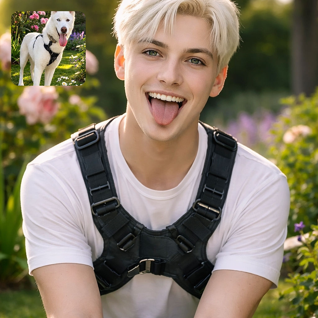 A majestic white dog with heterochromia (one blue eye, one brown eye) stands proudly in a sunlit garden filled with colorful flowers, tongue out in a happy pant, wearing a black harness.