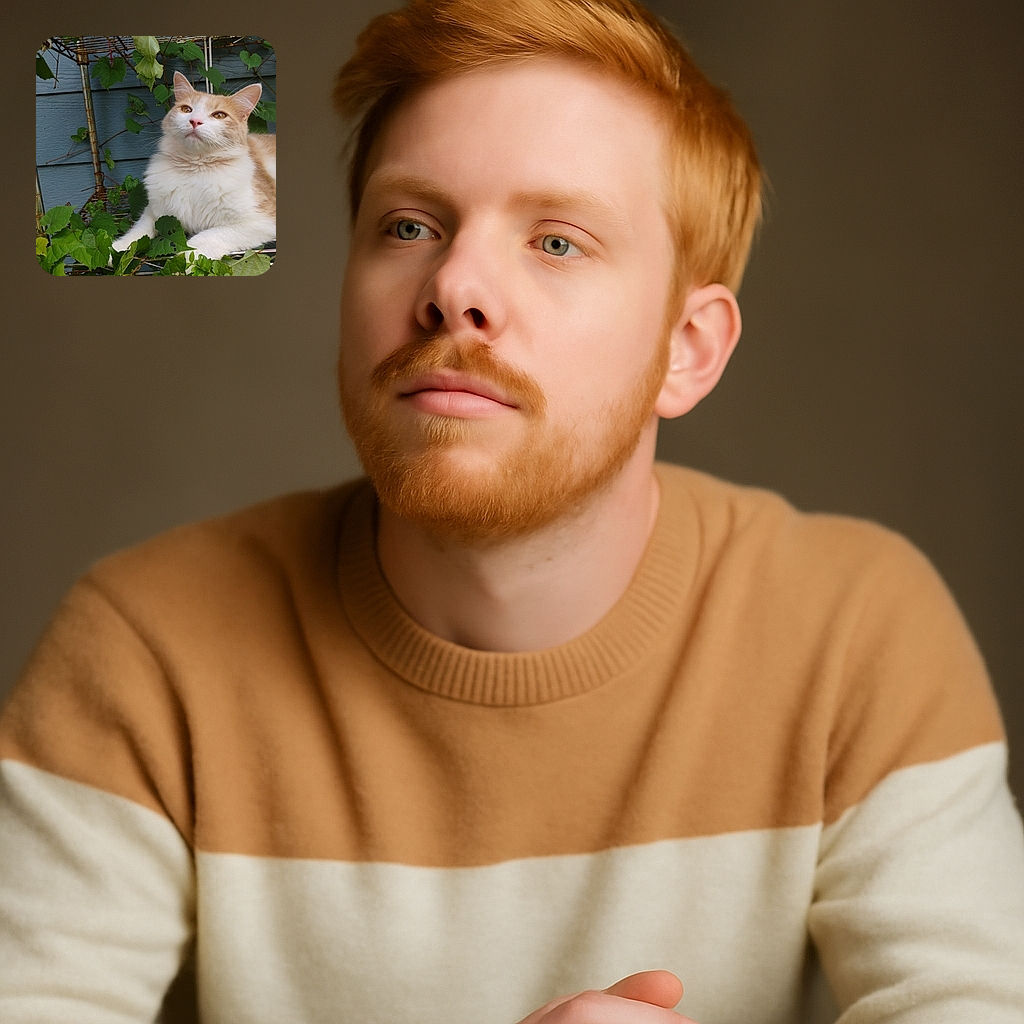 A fluffy cream and white cat lounges regally on a metal shelf surrounded by vibrant green leaves, gazing upward with a serene and contemplative expression, as if pondering the mysteries of the garden.