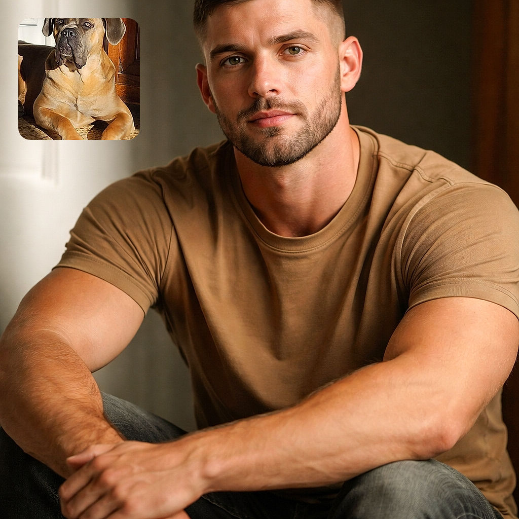 A dignified giant mastiff basks in a sunbeam like it's pondering the meaning of kibble — soulful eyes, droopy jowls, and perfectly placed paws on the vintage tile.
