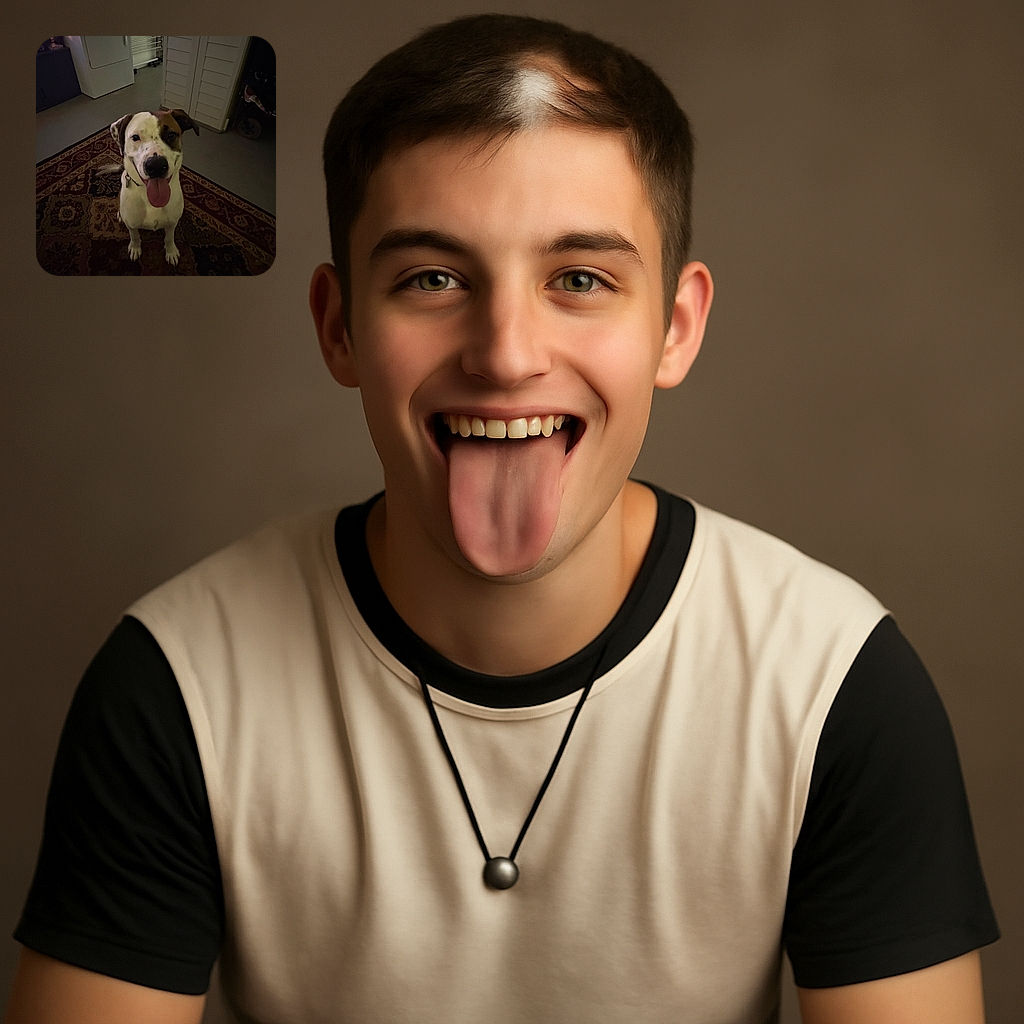 A happy dog with a big smile and tongue out sits on a patterned rug in a dimly lit room, surrounded by household items including a dryer and a drying rack.