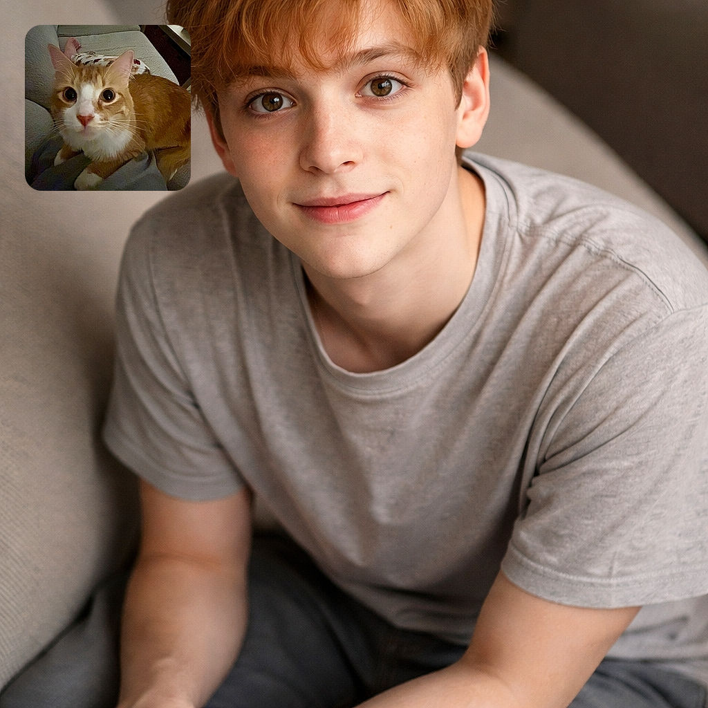 A curious orange and white cat with big round eyes stares directly into the camera, perched on a cozy couch with a person lounging in the background. The intimate close-up captures the cat's whiskers and pink nose in soft lighting, creating a warm and homely atmosphere.