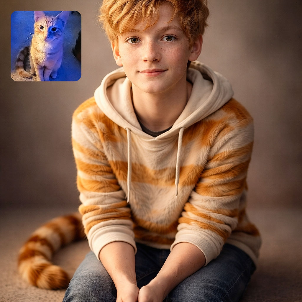 A charming orange tabby cat sits attentively on a carpeted floor, bathed in a mix of warm and cool lighting that adds a playful shadow on one side of its face. The cat's curious gaze and relaxed posture make it look like it's patiently waiting for a treat or a gentle pet.