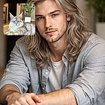 A majestic fluffy cat lounges on a table with a regal expression, its fur beautifully detailed and the background softly blurred with a potted plant adding a touch of greenery.