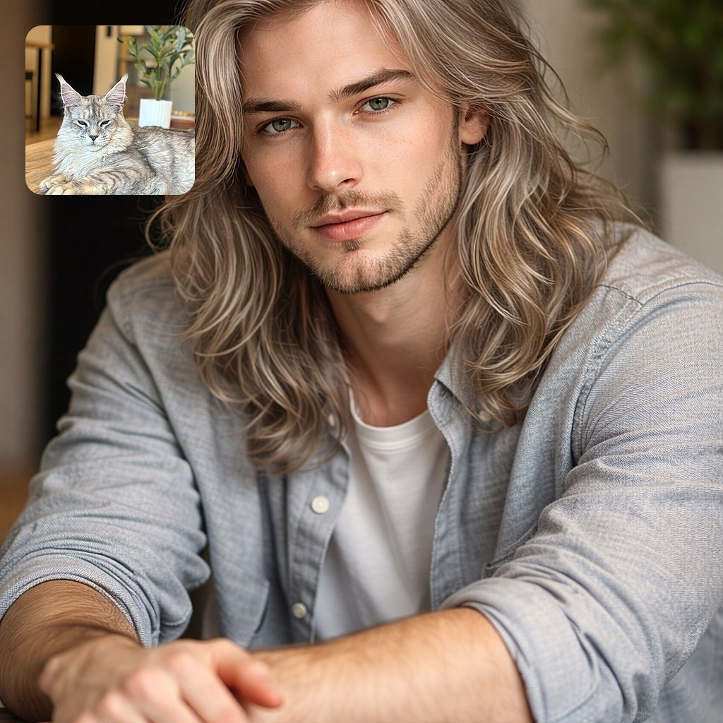 A majestic fluffy cat lounges on a table with a regal expression, its fur beautifully detailed and the background softly blurred with a potted plant adding a touch of greenery.