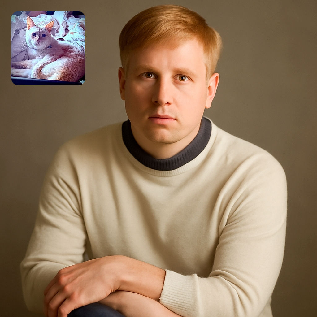 A fluffy white cat lounges comfortably on a rumpled bed with soft lighting highlighting its fur, giving it a serene and cozy vibe.