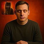 A majestic cat sits serenely with eyes closed, bathed in warm orange lighting that gives the photo a mystical and cozy vibe, almost like the cat is meditating in a sunset glow.