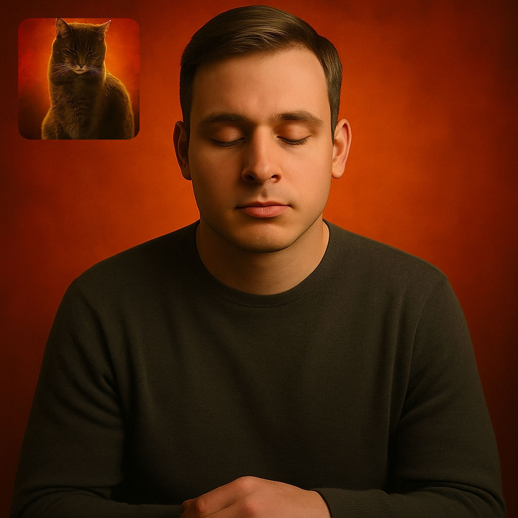 A majestic cat sits serenely with eyes closed, bathed in warm orange lighting that gives the photo a mystical and cozy vibe, almost like the cat is meditating in a sunset glow.