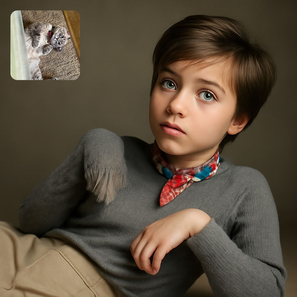 A fluffy gray and white cat with striking blue eyes lies on a textured carpet, playfully peeking out from behind a piece of furniture. The cat wears a colorful collar and looks relaxed and curious, with paws curled up in a cute and cozy pose.