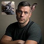 A curious gray dog with large ears and a harness lies on a brown carpet looking up with an inquisitive expression, surrounded by a worn floor and wooden furniture.