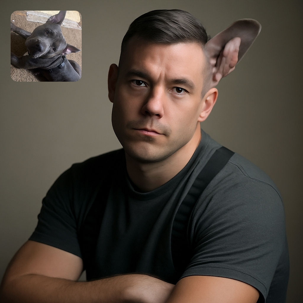 A curious gray dog with large ears and a harness lies on a brown carpet looking up with an inquisitive expression, surrounded by a worn floor and wooden furniture.