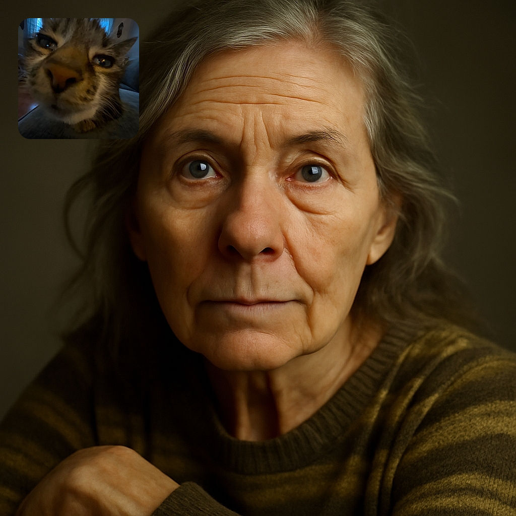 An extreme close-up of a curious cat's face, with the nose and eyes dominating the frame. The image is slightly blurry and dimly lit, giving it a cozy but unfocused feel, as if the cat just invaded the camera lens with no warning.