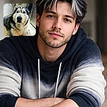 A majestic husky lies comfortably on a tiled kitchen floor, gazing directly at the camera with soulful eyes. The background shows a cozy kitchen setting with cabinets, a door, and some household items, giving a warm and homely vibe.