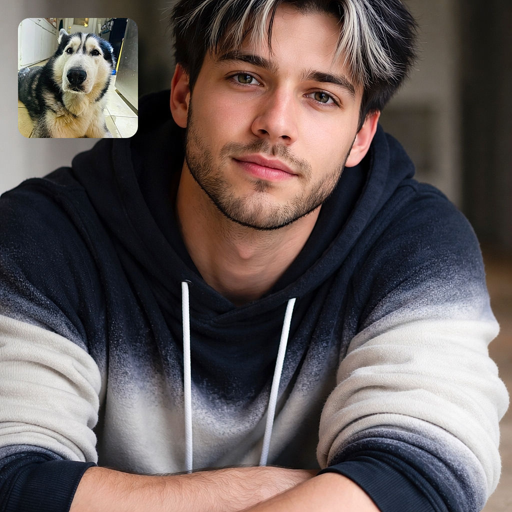 A majestic husky lies comfortably on a tiled kitchen floor, gazing directly at the camera with soulful eyes. The background shows a cozy kitchen setting with cabinets, a door, and some household items, giving a warm and homely vibe.