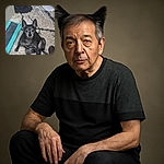A small black and gray dog sits on a shaggy carpet with one leg raised, looking curiously at the camera amidst a somewhat cluttered background including a keyboard box, a hanger, and a fan.