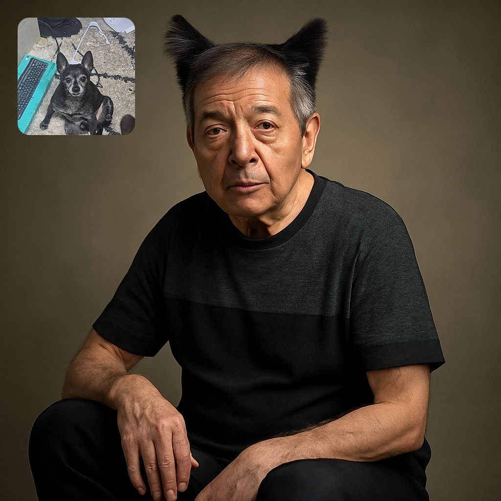 A small black and gray dog sits on a shaggy carpet with one leg raised, looking curiously at the camera amidst a somewhat cluttered background including a keyboard box, a hanger, and a fan.
