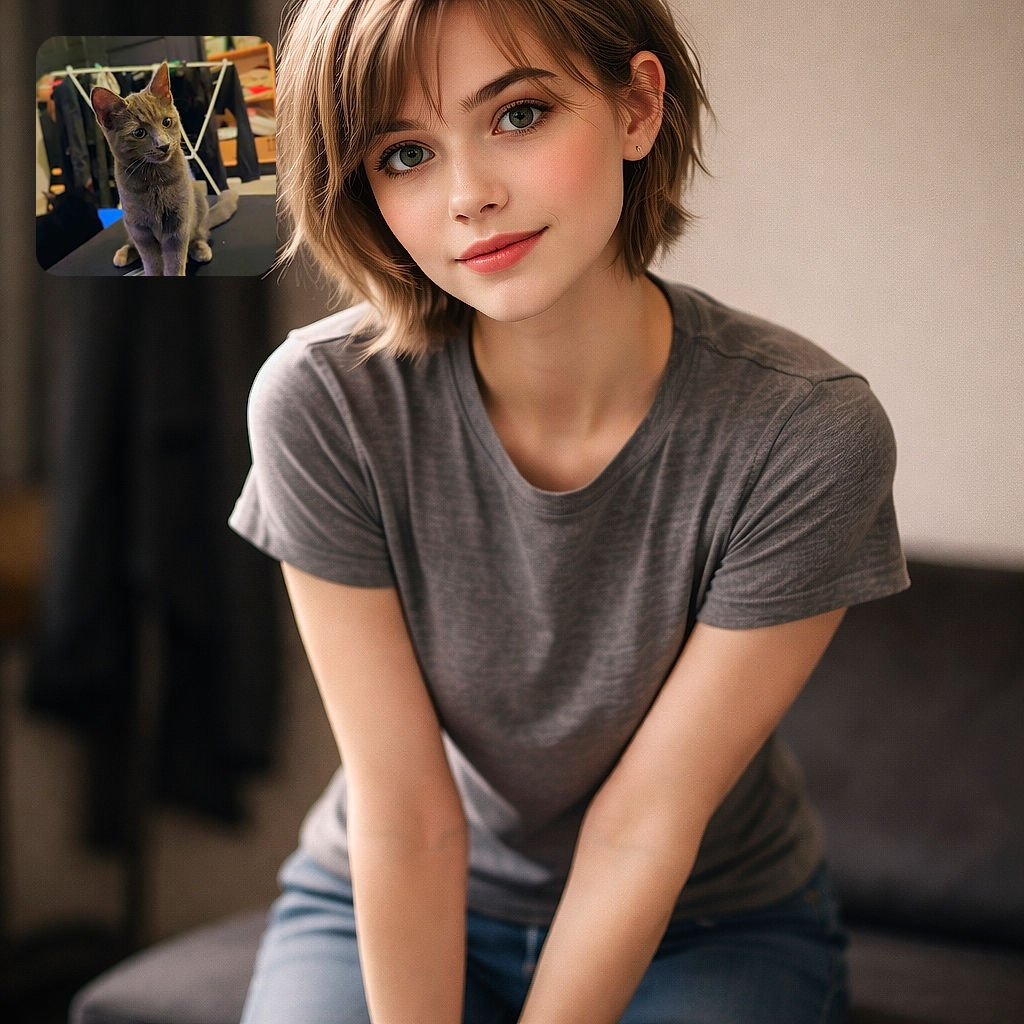 A curious gray cat sits attentively on a table next to an open blue toolkit filled with various screwdriver bits, with a cozy room and clothes drying rack blurred in the background.