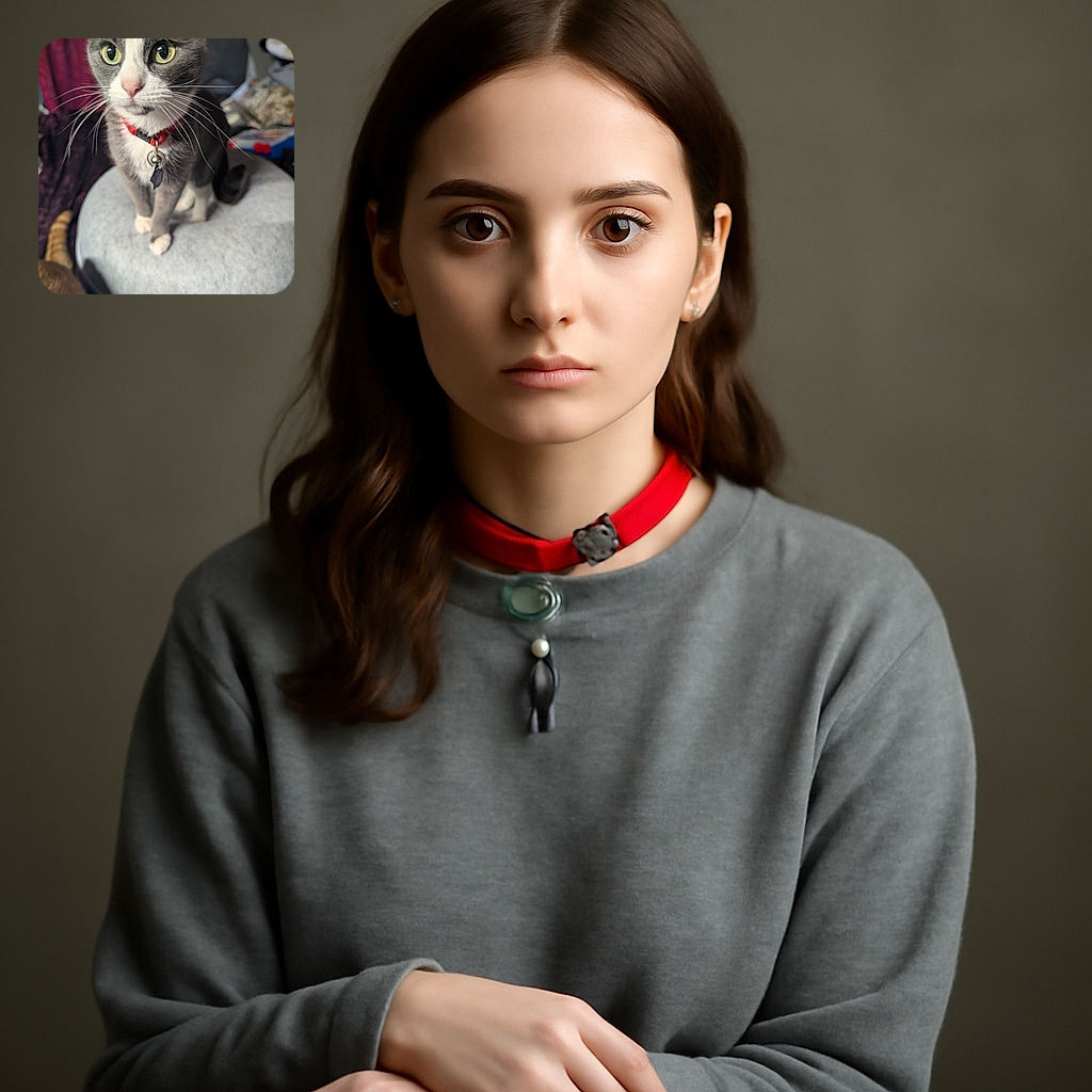 A curious gray and white cat with striking yellow eyes and a red collar stands on a round gray cushion, looking intently off-camera. In the background, a blurry orange tabby cat tail is visible, adding a hint of feline mischief to the cozy indoor scene.