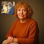 A cozy indoor scene featuring a smiling older woman with silver hair sitting comfortably on a couch, gently petting a fluffy, curly-haired dog that looks like a golden doodle. Warm sunlight bathes the pair, highlighting the dog's soft fur and the woman's serene expression, with a homey blanket in the background adding to the inviting atmosphere.
