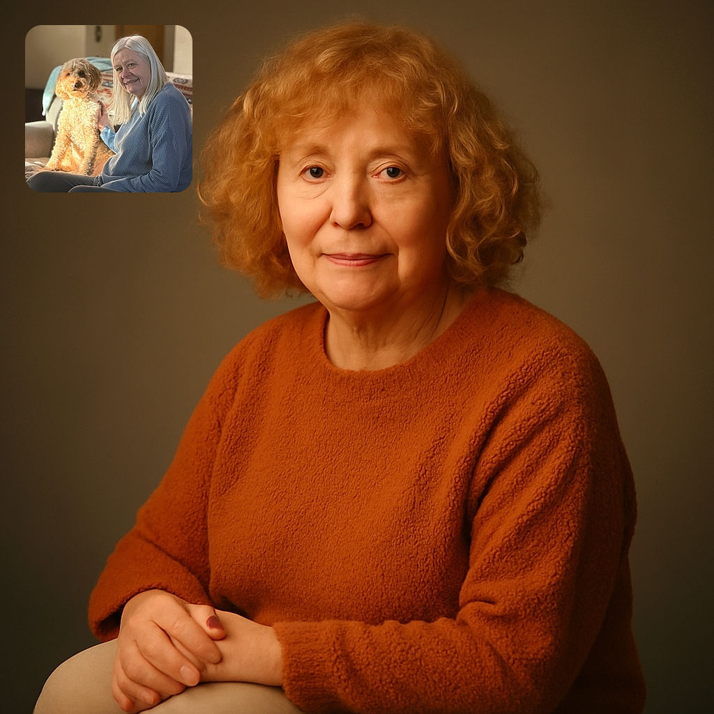 A cozy indoor scene featuring a smiling older woman with silver hair sitting comfortably on a couch, gently petting a fluffy, curly-haired dog that looks like a golden doodle. Warm sunlight bathes the pair, highlighting the dog's soft fur and the woman's serene expression, with a homey blanket in the background adding to the inviting atmosphere.
