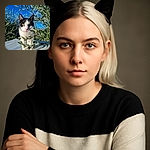 A curious black and white cat is peeking through olive branches on a sunny day, standing on a metallic surface with a bright blue sky in the background. The cat's intense gaze and the vibrant greenery create a lively outdoor scene.