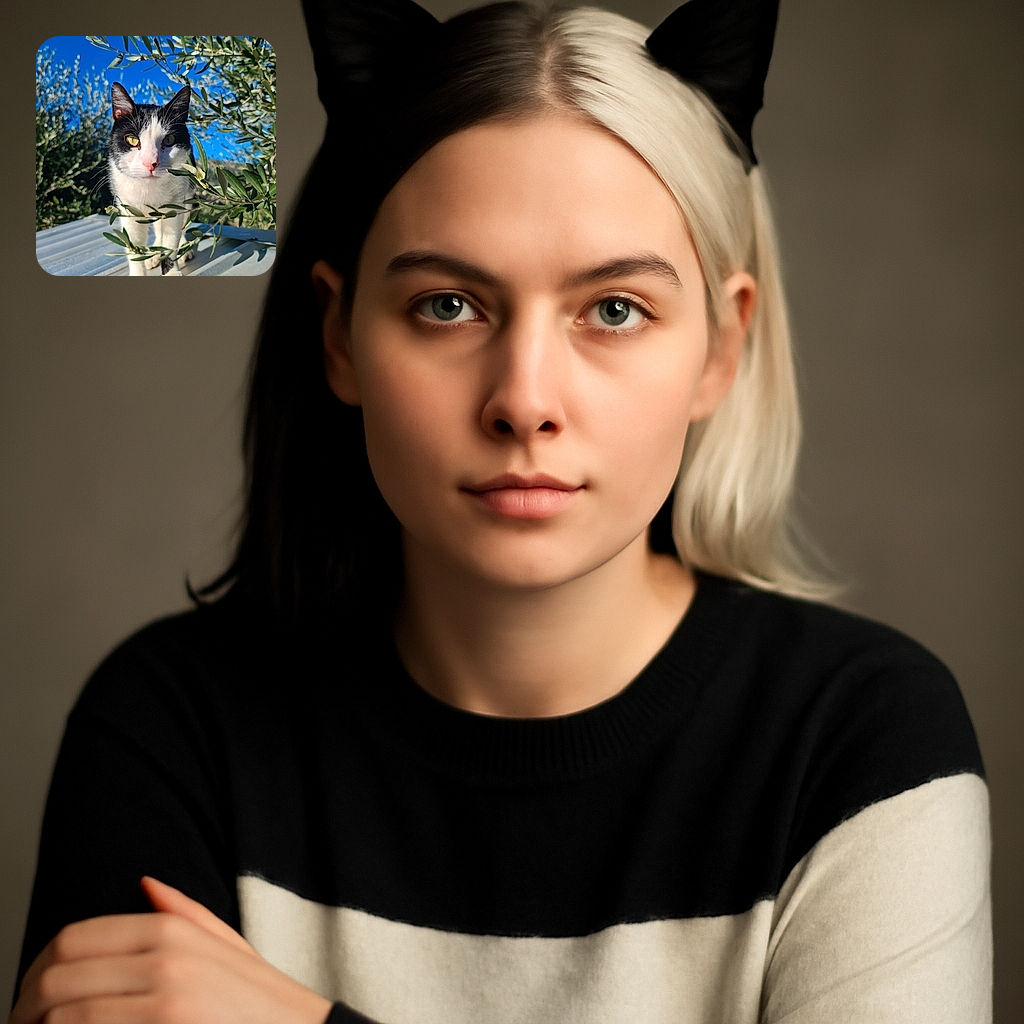 A curious black and white cat is peeking through olive branches on a sunny day, standing on a metallic surface with a bright blue sky in the background. The cat's intense gaze and the vibrant greenery create a lively outdoor scene.