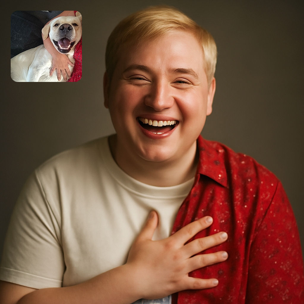 A joyful light-colored dog is being hugged tightly by a person in a red patterned outfit, both sharing a cozy moment on a couch with a pillow in the background. The dog's happy face and open mouth make it look like it's smiling for the camera.
