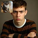 A curious tabby cat with big, expressive eyes sits attentively on a wooden floor, looking slightly downward as if pondering the mysteries of the universe or just waiting for a treat.