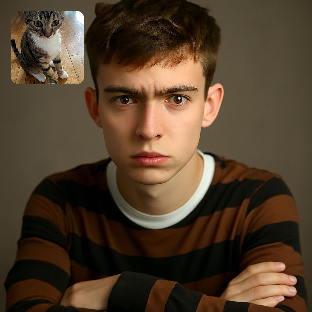A curious tabby cat with big, expressive eyes sits attentively on a wooden floor, looking slightly downward as if pondering the mysteries of the universe or just waiting for a treat.