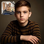 A curious tabby kitten lounges comfortably on a person's legs clad in black and blue jeans, with a cozy home interior and staircase softly blurred in the background, capturing a warm and intimate moment.