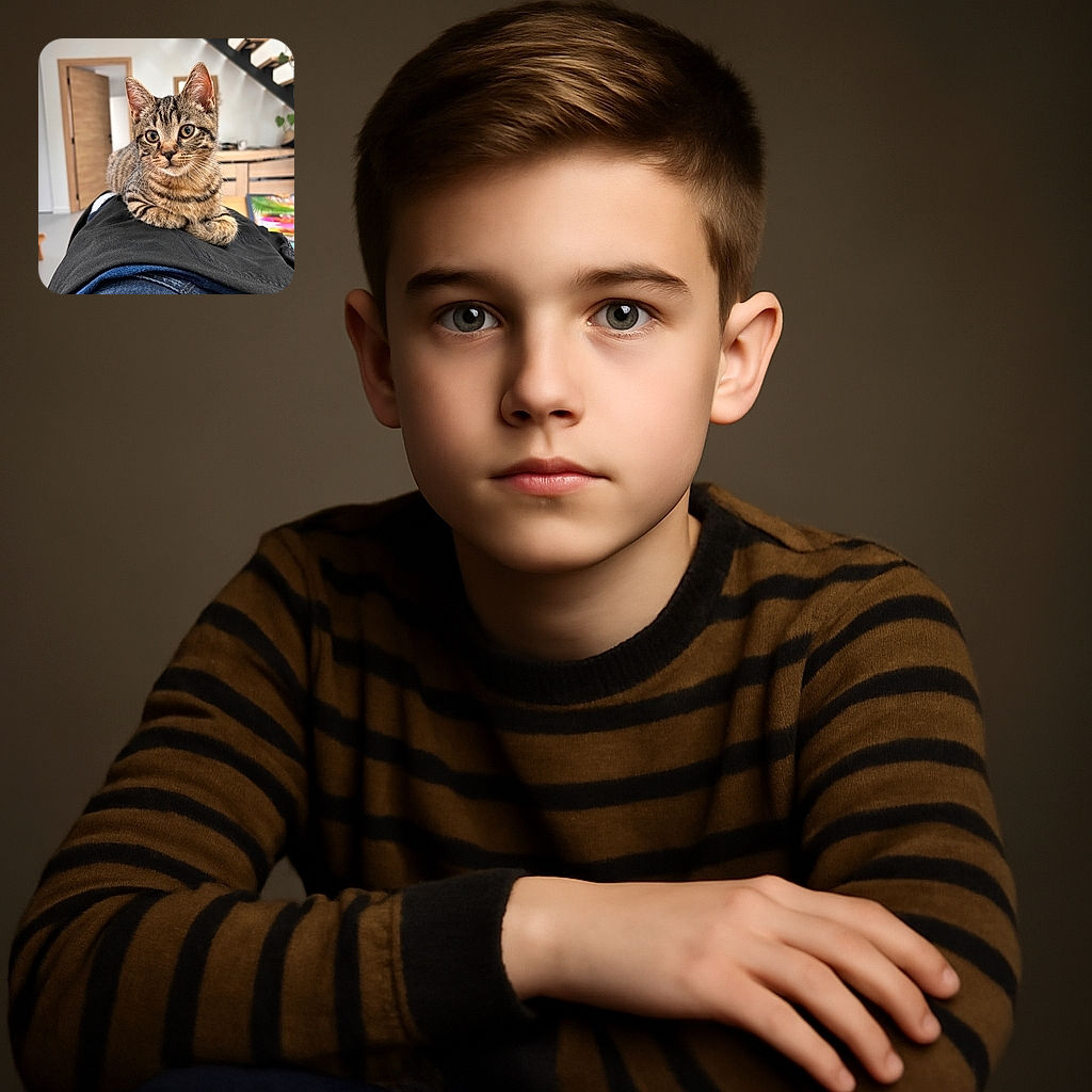 A curious tabby kitten lounges comfortably on a person's legs clad in black and blue jeans, with a cozy home interior and staircase softly blurred in the background, capturing a warm and intimate moment.