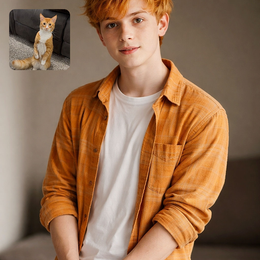 A startled orange tabby standing upright like a tiny furry biped, eyes wide and whiskers on full alert — part curious detective, part snack-seeking acrobat — perched in front of a couch with a fluffy tail swishing.