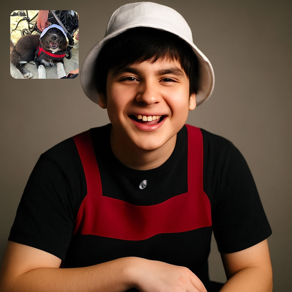 A happy black and white dog wearing a white hat and red harness is lying on sandy ground, smiling with its mouth open. A person's hand is gently touching the dog's head, and a stroller and some shoes are visible in the background, giving a cozy beach day vibe.