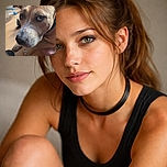 A close-up photo of a curious dog with soulful eyes looking slightly to the side, sitting on a wooden floor with some household items blurred in the background, capturing the dog's thoughtful expression and the texture of its fur.