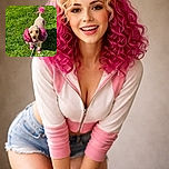 A cheerful poodle with vibrant pink-dyed ears, paws, and tail tip stands on lush green grass, leash attached and sporting a happy, smiling expression as if ready for a colorful adventure.