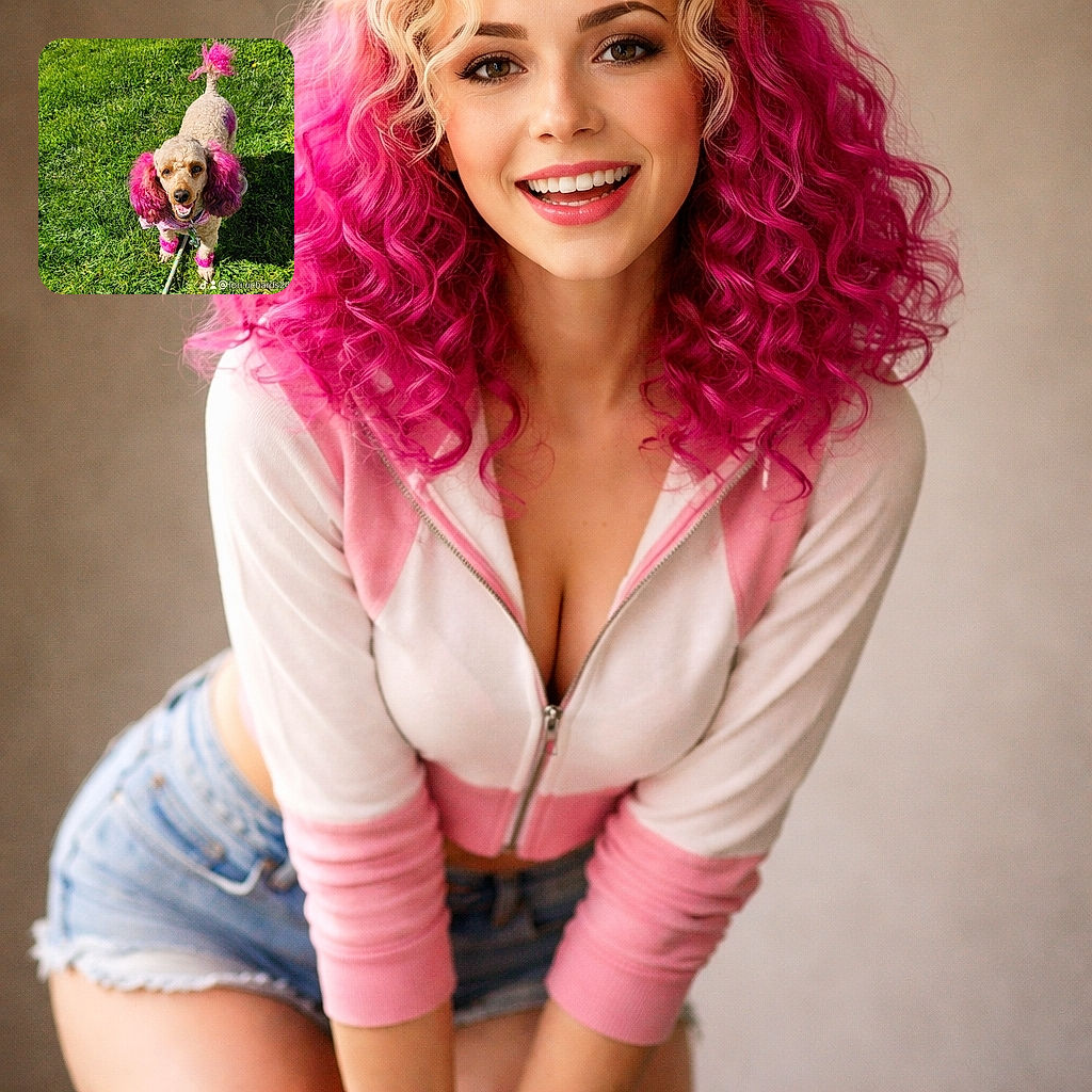 A cheerful poodle with vibrant pink-dyed ears, paws, and tail tip stands on lush green grass, leash attached and sporting a happy, smiling expression as if ready for a colorful adventure.