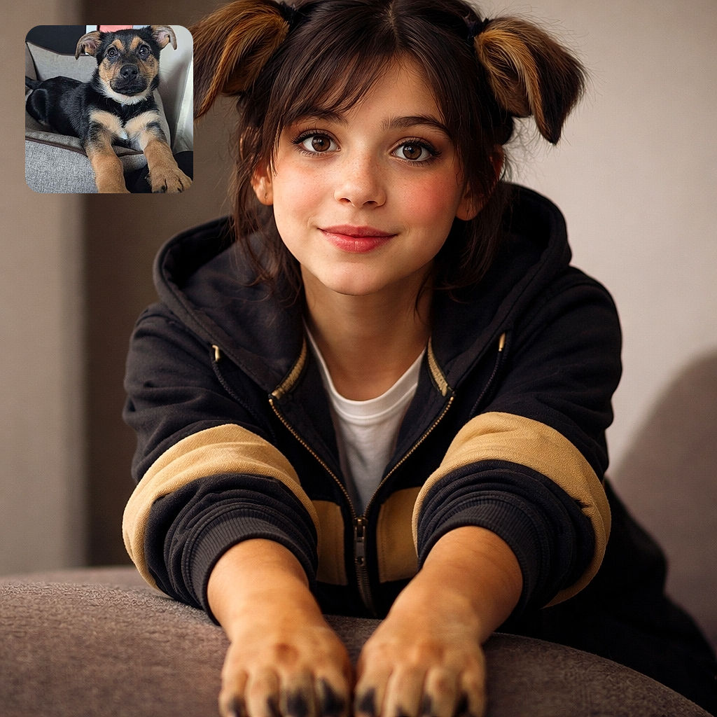 A charming puppy with soulful eyes stretches its paws forward, resting on a cozy gray dog bed in a home setting filled with colorful decorations in the background. The pup looks curious and ready for some playtime or cuddles.