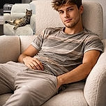 A relaxed tabby cat is lounging in a human-like pose on a cozy cream-colored armchair, looking alert and regal amidst a modern room setup with a keyboard and monitor in the background.