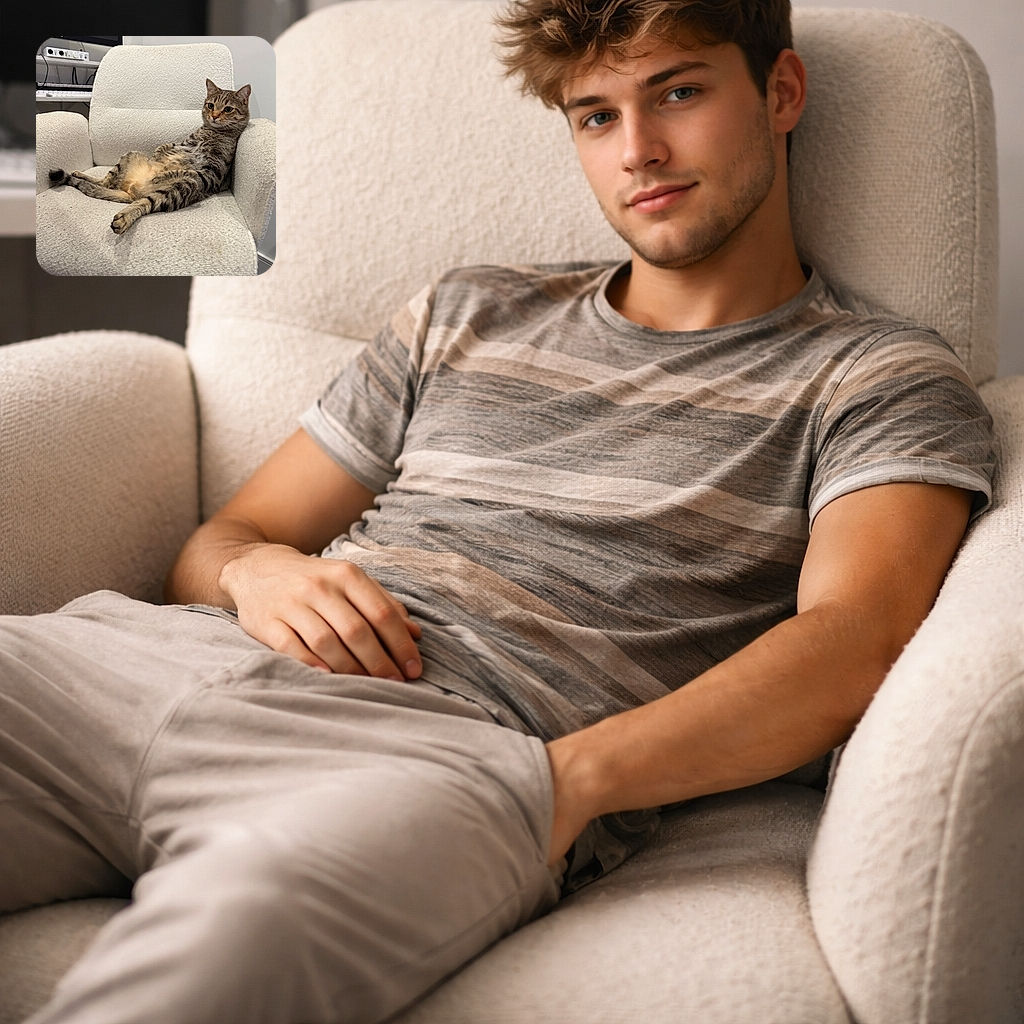 A relaxed tabby cat is lounging in a human-like pose on a cozy cream-colored armchair, looking alert and regal amidst a modern room setup with a keyboard and monitor in the background.