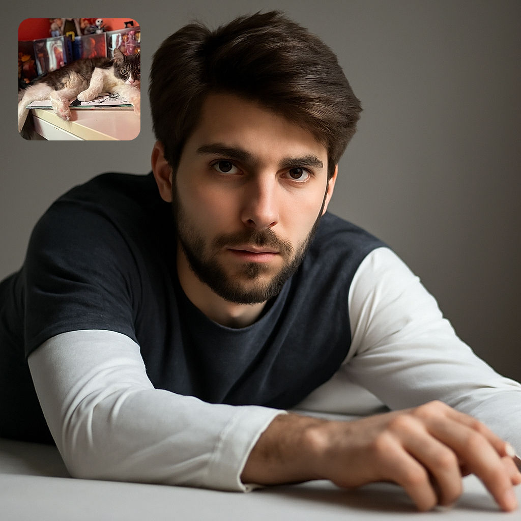 A fluffy black and white cat lounges lazily on a white desk, stretching its paws forward with a relaxed yet curious gaze. The background is filled with colorful, slightly blurred figurines and boxes, creating a cozy and playful atmosphere.