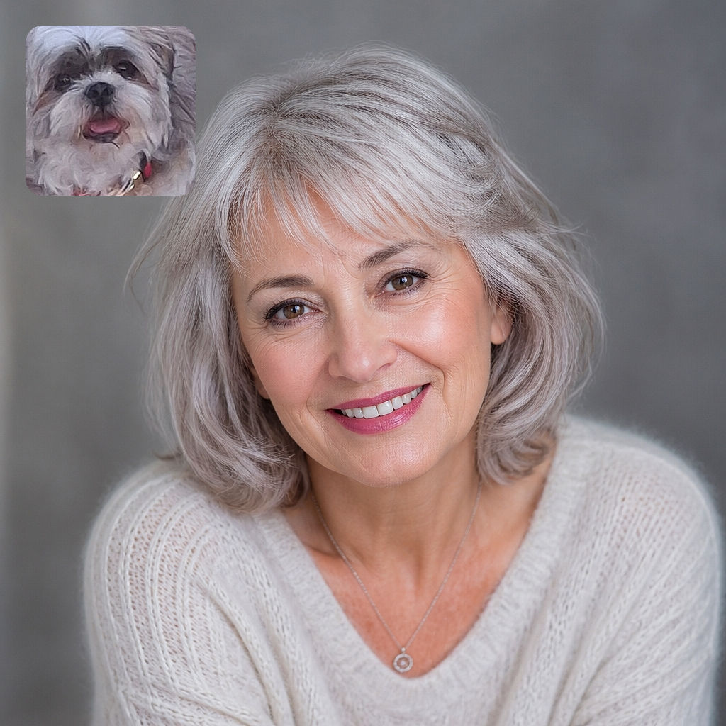 A fluffy little dog sits on a rocky surface, gazing into the camera with its tongue out like it just delivered a hilarious punchline. Its fancy fur, red collar, and tiny dangling tag give it the energy of a very shaggy celebrity caught between naps.
