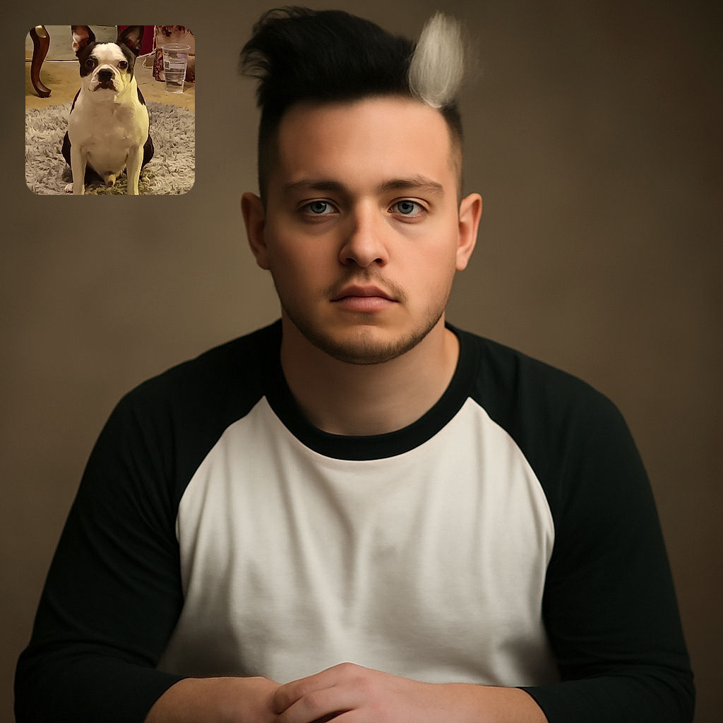 A serious-faced Boston Terrier sits attentively on a fluffy gray rug, framed by a cozy room with a wooden table leg, a yellow plastic bin, and a clear plastic cup filled with water nearby.